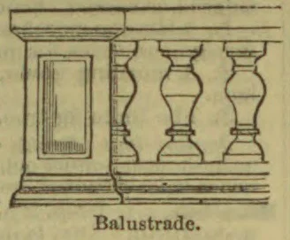 An architectural balustrade with a large rectangular post and several turned balusters.