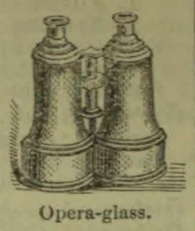 An antique opera glass with two small telescopes joined by a central focusing mechanism.