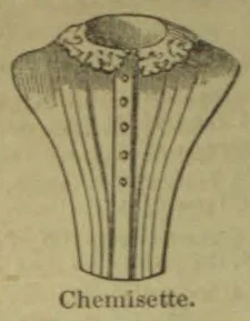 An illustration of a chemisette with a ruffled collar and a row of buttons down the front.