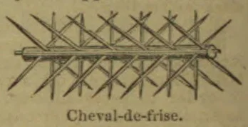 A wooden chevaux-de-frise barrier with crossed spikes projecting from a horizontal beam.