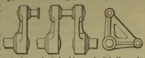 Three views of a mechanical linkage assembly, including paired upright jointed parts and a triangular connecting plate with circular pivot holes.