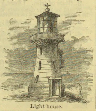 An engraving of a lighthouse standing on a rocky shore.
