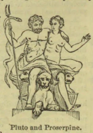 Pluto and Proserpine are depicted seated together on a throne, with a three-headed dog at their feet.