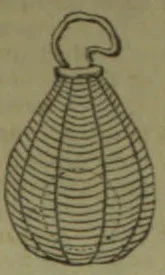 A pear-shaped woven basket or trap with a narrow neck and loop handle.