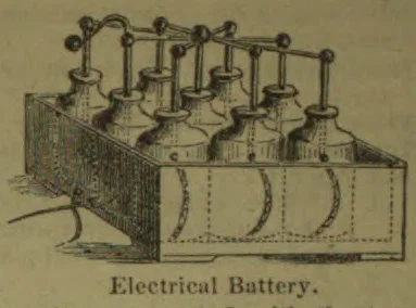 An electrical battery made of several glass vessels connected by wires and arranged in a wooden box.