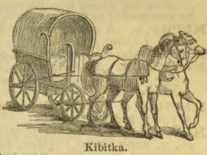 A covered wagon drawn by a team of horses.