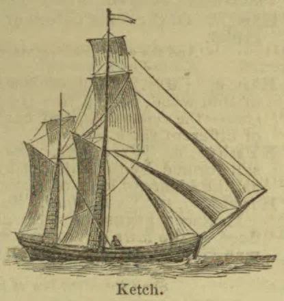 A two-masted ketch with its sails and rigging is shown under sail on the water.