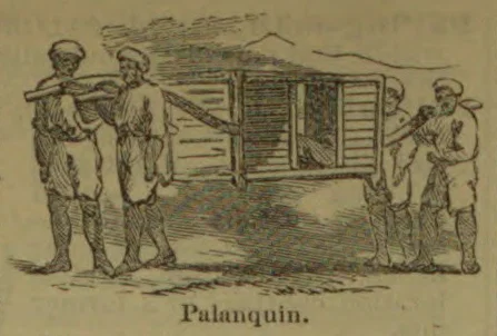 Several men carry a seated passenger in a palanquin suspended from poles.