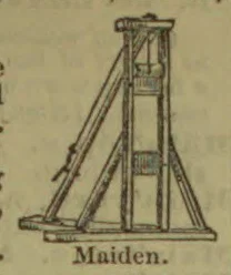 A drawing of a tall, braced execution device with a raised blade.