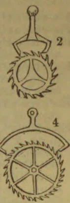 Two numbered diagrams show toothed circular wheels with curved, handled attachments.