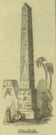 An obelisk covered with hieroglyphic-like markings stands among palm trees and ancient ruins.