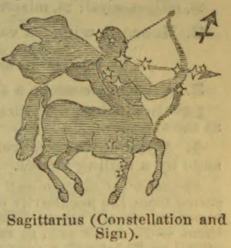 A winged centaur archer draws a bow, with the Sagittarius symbol at the upper right.