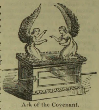 An engraved illustration of the Ark of the Covenant with two winged figures facing one another on its lid.