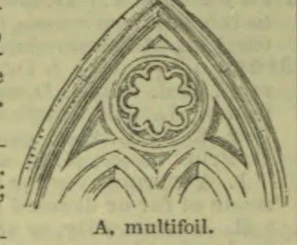 A pointed Gothic arch containing a quatrefoil-like ornament and smaller arches.