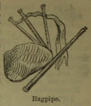 An engraved illustration of a bagpipe with its bag, pipes, and mouthpiece.