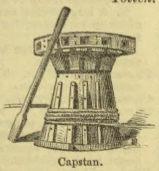 An engraving of a capstan with a long bar inserted diagonally through it.
