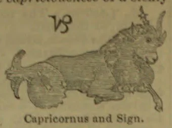 A horned, bearded sea-goat with a curled fish tail is shown beneath the Capricorn zodiac sign.