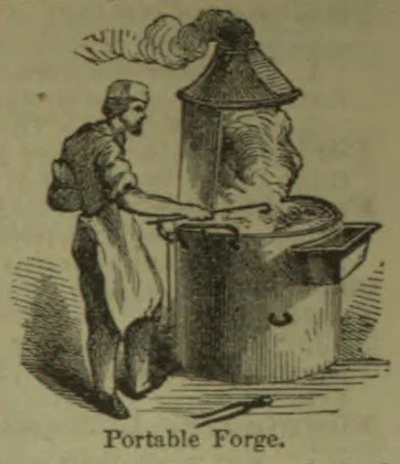 A person operates a portable forge, pumping its bellows beside a fire in a metal basin.