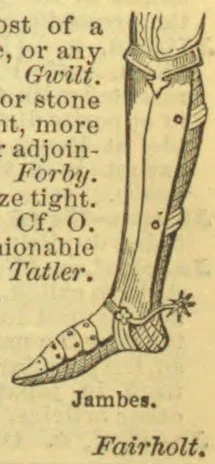 A drawing of a single armored leg, showing a greave and pointed sabaton.