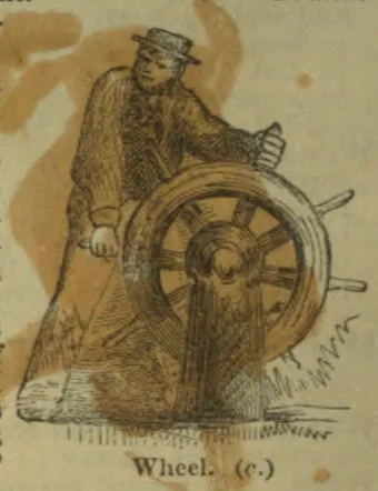 A man stands beside and operates a large upright wheel.