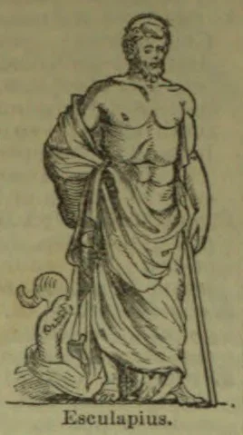 A classical figure of Esculapius stands draped in robes beside a serpent entwined around a staff.