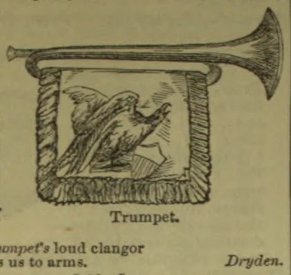 A long trumpet is shown above a framed scene of an eagle with outstretched wings beside a scroll.