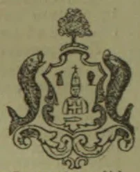 An ornate coat of arms with a tree above a shield, flanked by two upright fish-like creatures and surrounded by scrollwork.