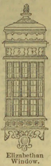 An ornate Elizabethan window with decorative stonework, tall mullioned panes, and a carved flourish below.