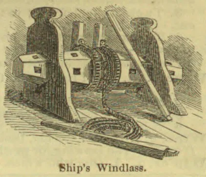 An engraving of a ship’s windlass with its chain wound around the central drum.