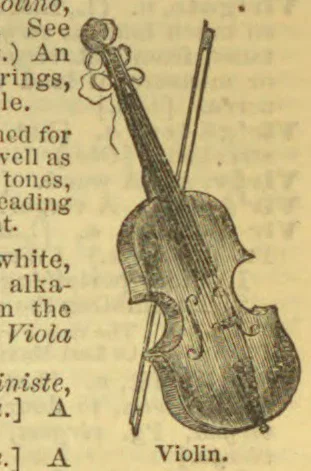 An engraved illustration of a violin with its bow.