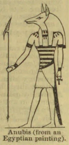 Anubis, depicted with a jackal's head, stands holding a staff.
