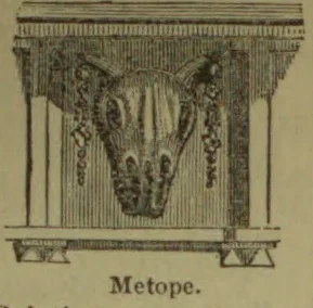 An architectural metope ornament is shown between vertical supports beneath a decorated cornice.