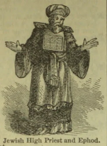 An engraving of a Jewish high priest wearing an ephod and ceremonial robes, with his arms outstretched.