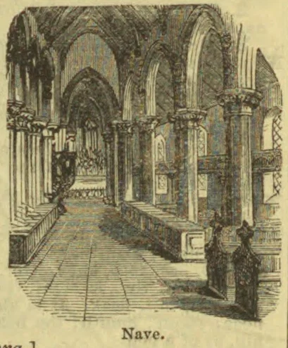 An architectural engraving showing the interior of a Gothic church nave with rows of columns and pointed arches.