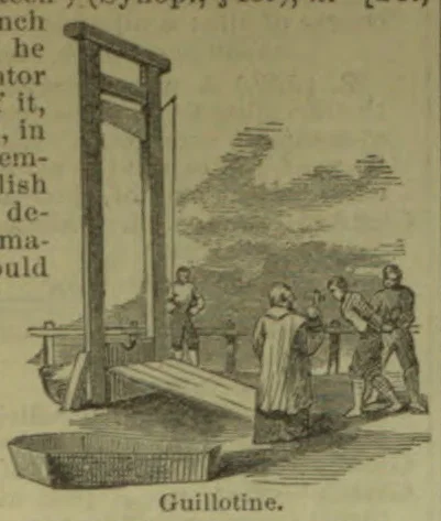 A guillotine stands beside a group of men, with a basket beneath its blade.