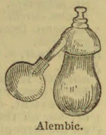 An alembic with a bulbous vessel connected by a sloping tube to a round receiver.
