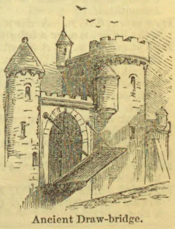 An ancient stone castle with its drawbridge lowered over a moat.