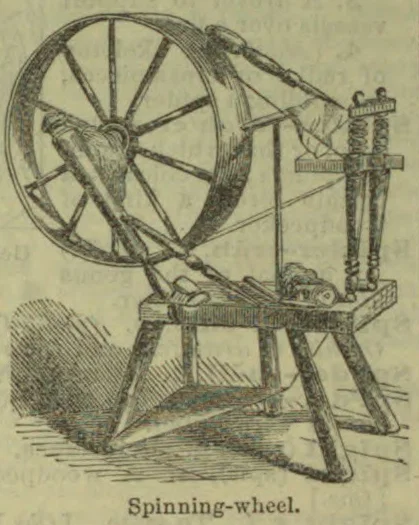 An antique spinning wheel with a large spoked wheel and a treadle mounted on a wooden stand.