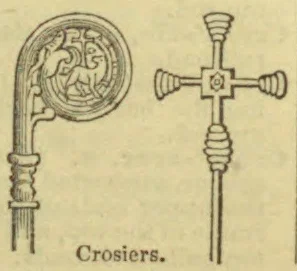 Two ornamental croziers are shown, one curved and decorated with a circular design and the other cross-shaped.
