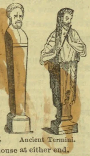 Two ancient term figures stand on square pedestals.