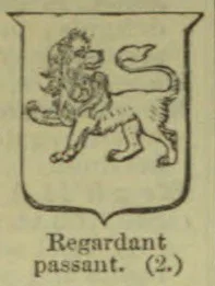 A heraldic lion walking with its head turned backward, enclosed within a shield.