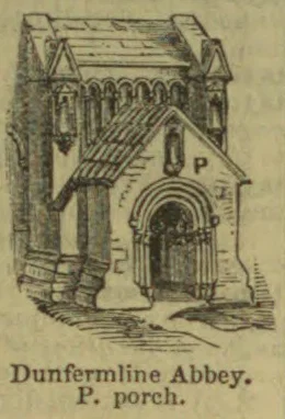 An architectural drawing of Dunfermline Abbey, with its projecting porch and arched entrance.