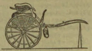A side view of an antique two-wheeled cart with a large spoked wheel and a long shaft.