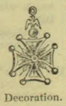 An ornate, symmetrical floral and geometric ornament with a small emblem above it.