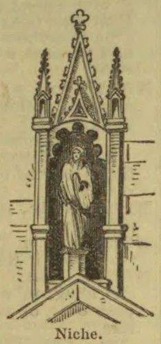 A statue stands within an ornate Gothic architectural niche.