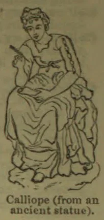 A seated woman holding a scroll, depicted as Calliope.