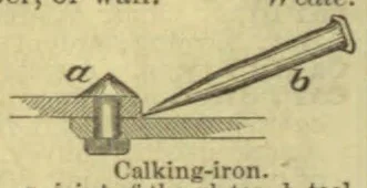 A calking iron is shown being used to seal a seam between boards.