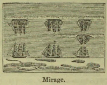 The illustration depicts several floating, inverted-looking landforms above a distant shoreline, representing a mirage.