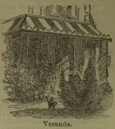 An ornate veranda covered with climbing vines and surrounded by shrubs, with a small seated figure in front.