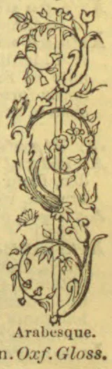 An intricate vertical arabesque of curling foliage, flowers, and fanciful human and animal faces.